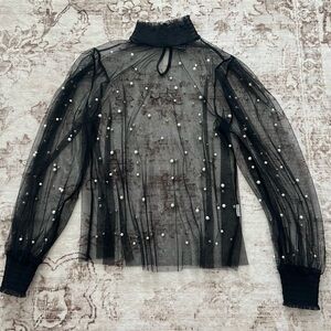 Forever 21 Black Mesh Blouse with Pearl Embellishments